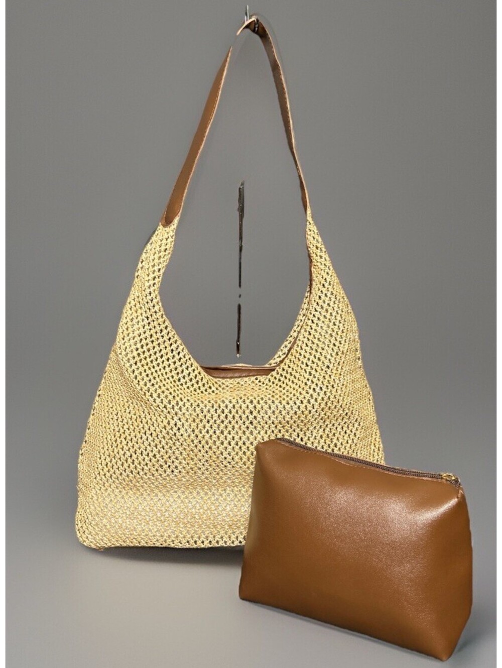 Woven Straw Hobo Shoulder Bag Tan Brown Faux Leather Removable Pouch Boho Beach